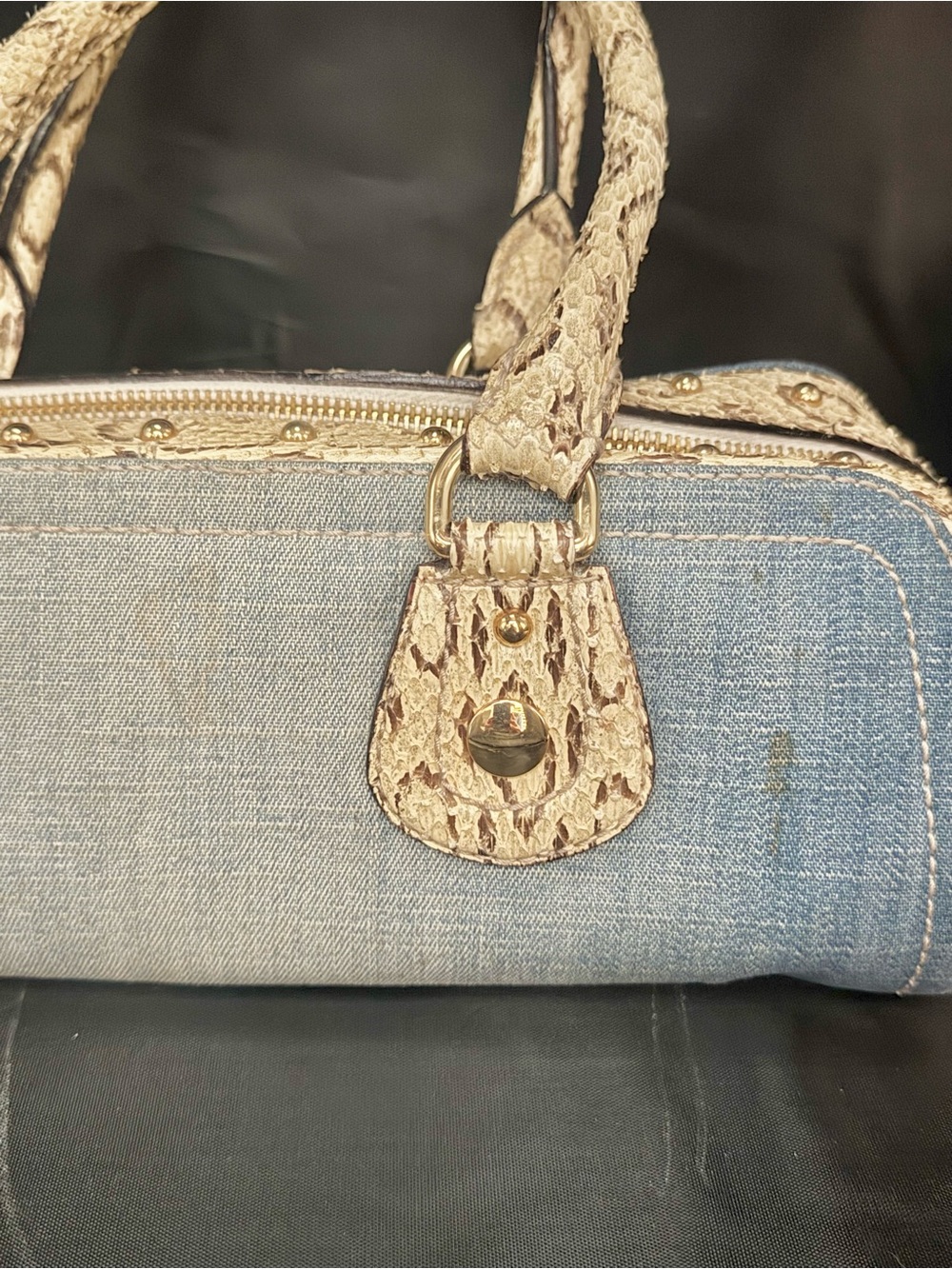 Vintage Dolce & Gabbana Blue Denim Satchel with Cream Snakeskin Trim - Picture 5 of 8